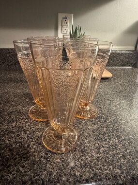 Vintage Hocking Mayfair Pink Depression Glass Footed Ice Tea Set Of 7